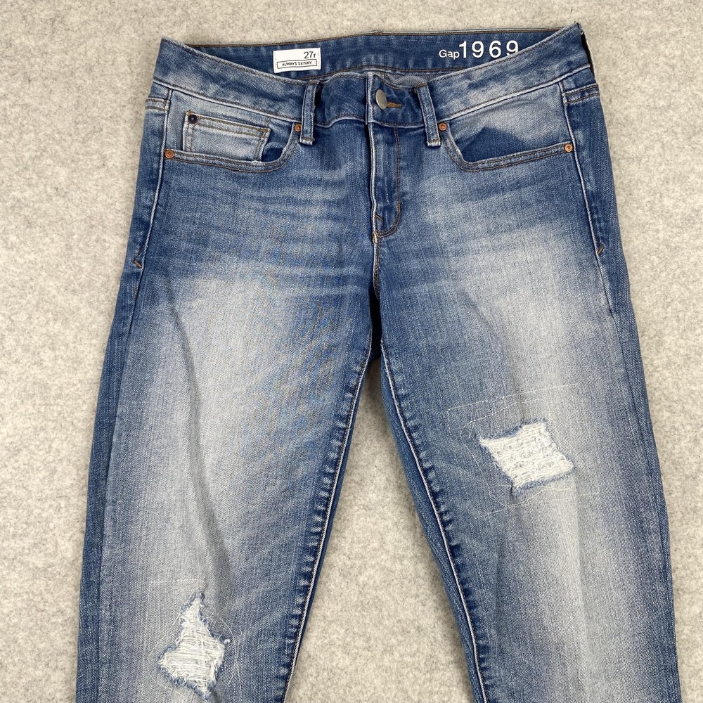 Gap 1969 Always Skinny Jeans Womens 27R (29x30) Blue Low Rise Distressed Stretch